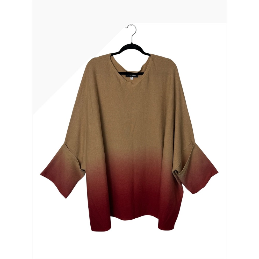 Soft by Naadam Camel & Berry Red Ombre Oversized Poncho Cashmere Sweater, M/L - Picture 2 of 8
